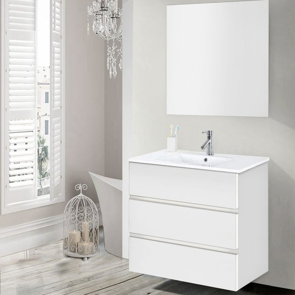 Kúpeľňová skrinka s umývadlom a zrkadlom Nayade, odtieň bielej, 70 cm
