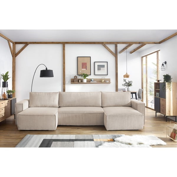 Béžová menčestrová rozkladacia rohová pohovka do "U" Nihad – Bobochic Paris-image-1