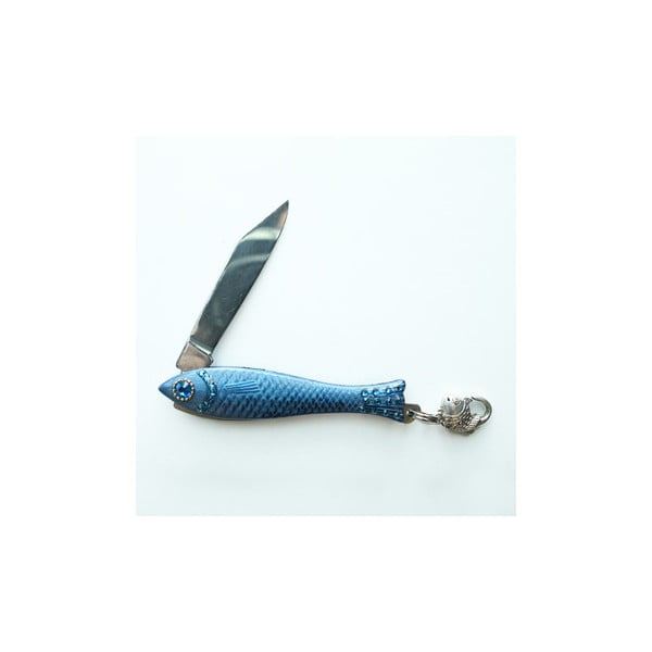 Modrý český nožík rybička s modrými krištáľmi a karabínkou v dizajne od Alexandry Dětinskej