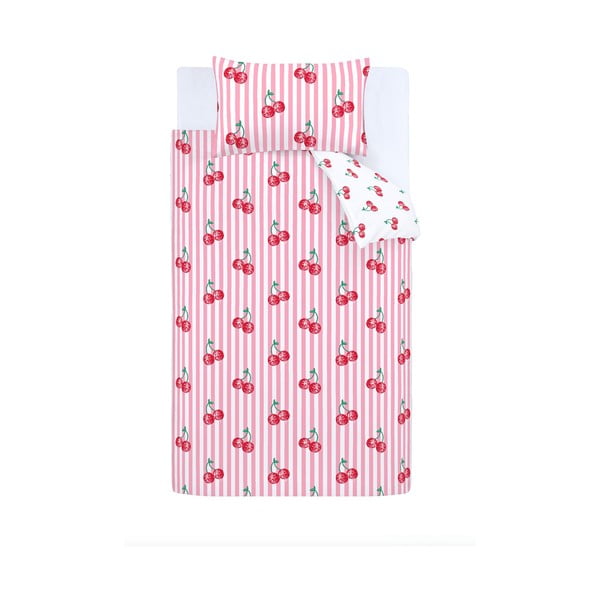 Biele/ružové obliečky na jednolôžko 135x200 cm Disco Cherries Stripes – Catherine Lansfield