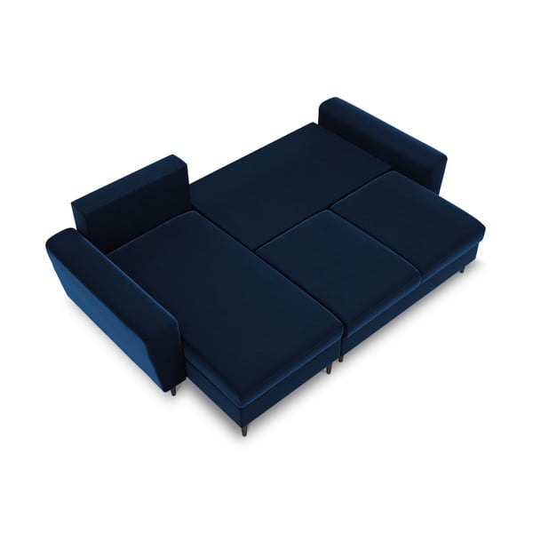 Modrá zamatová rozkladacia/s úložným priestorom rohová pohovka Kyoto – Cosmopolitan Design-image-1