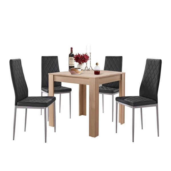 Set jedálenského stola v dubovom dekore a 4 čiernych jedálenských stoličiek Støraa Lori and Barak, 80 x 80 cm