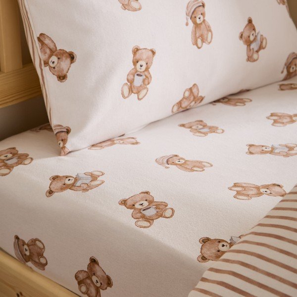 Krémovobiela napínacia flanelová detská plachta na jednolôžko 70x140 cm Brushed Teddy Bear – Catherine Lansfield