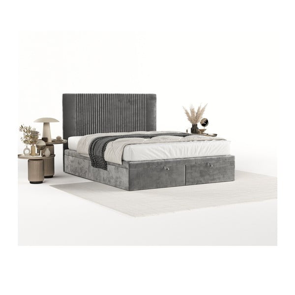 Sivá čalúnená dvojlôžková posteľ s úložným priestorom 200x200 cm Mavel – Maison de Rêve-image-2