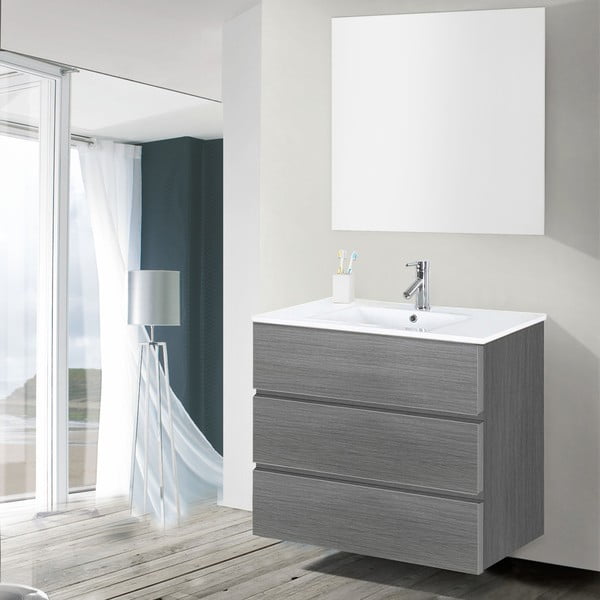 Kúpeľňová skrinka s umývadlom a zrkadlom Nayade, odtieň sivej, 80 cm