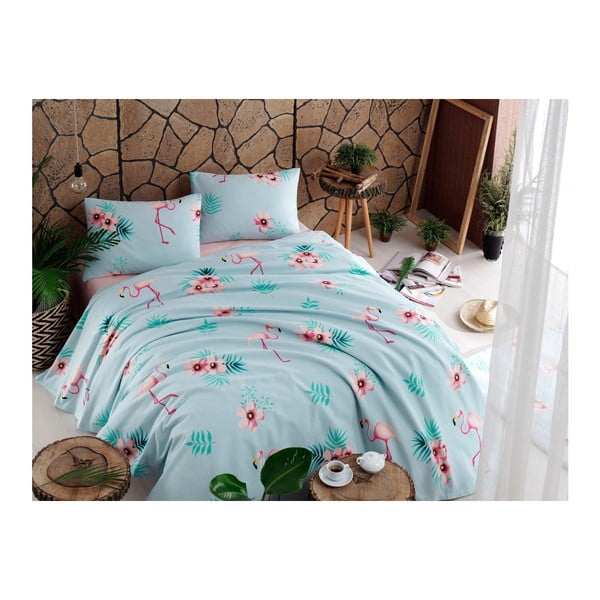 Set bavlneného plédu cez posteľ, plachta a 2 obliečky na vankúš Flamenco Mint, 200 x 235 cm