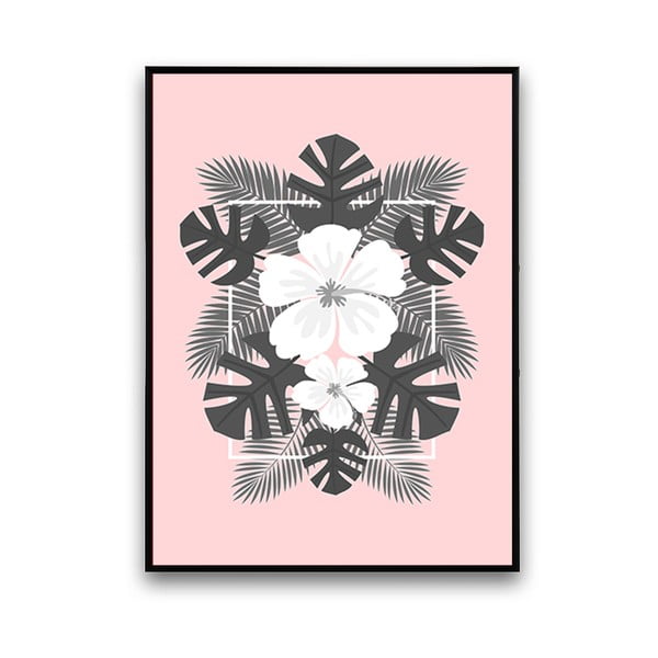 Plagát s bielymi kvetmi, ružové pozadie, 30x40 cm