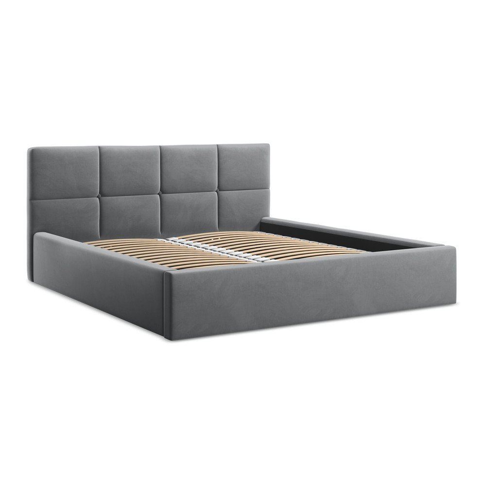 E-shop Tmavosivá zamatová čalúnená dvojlôžková posteľ s úložným priestorom s roštom 140x200 cm Hiko – Makamii