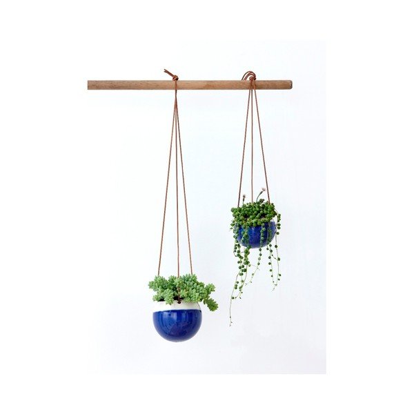 Modrý závesný kvetináč so závesom z kože, ⌀ 10,8 cm-image-1
