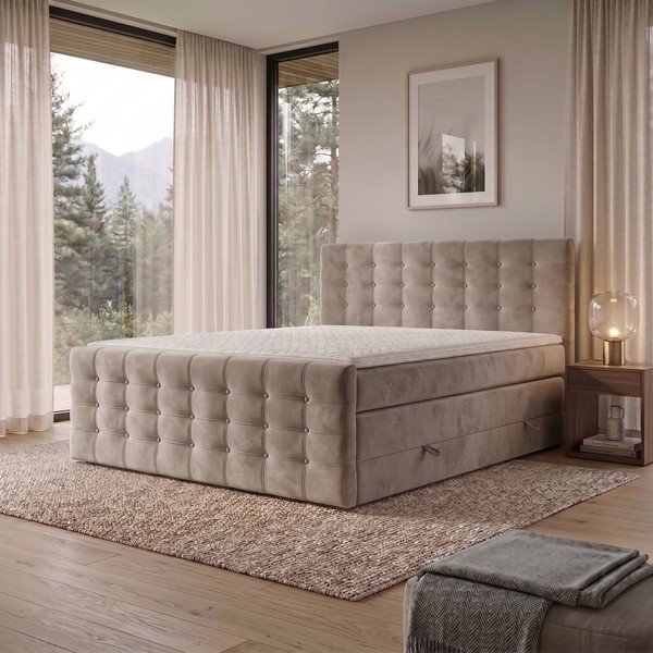 Béžová boxspring posteľ s úložným priestorom 200x200 cm Blend – Maison de Rêve-image-1