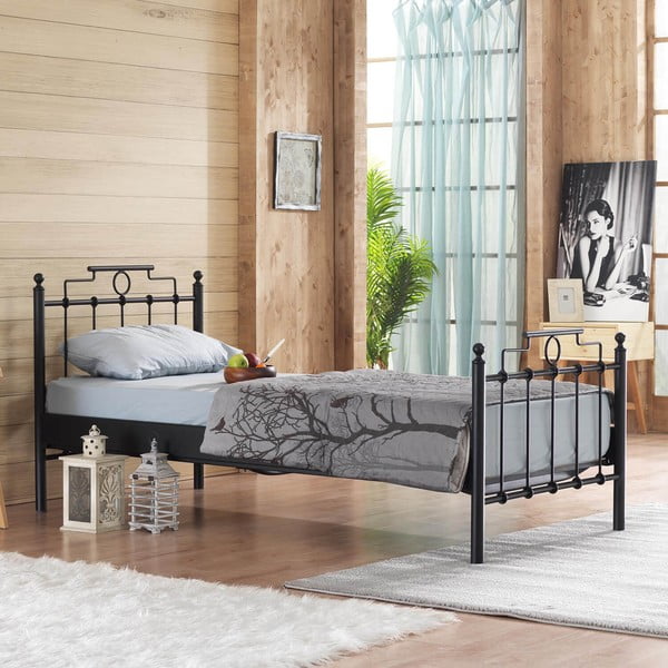 Čierna kovová jednolôžková posteľ s roštom 90x200 cm Hatkus – Kalune Design-image-1
