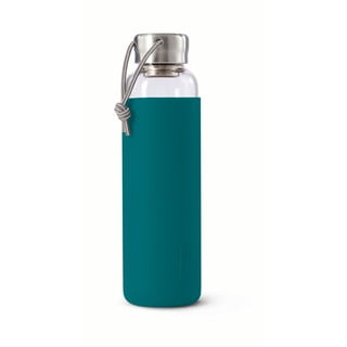 Sklenená fľaša na vodu s tyrkysovomodrým silikónovým obalom Black + Blum G-Bottle, 600 ml