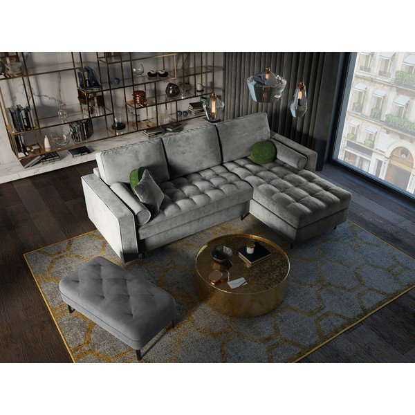 Svetlosivá zamatová rozkladacia rohová pohovka Milo Casa Santo, pravý roh-image-1