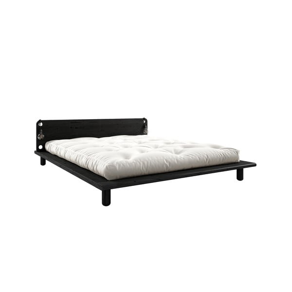 Čierna dvojlôžková posteľ z masívneho dreva s čelom, lampičkami a matracom Comfort Karup Design Peek, 160 x 200 cm