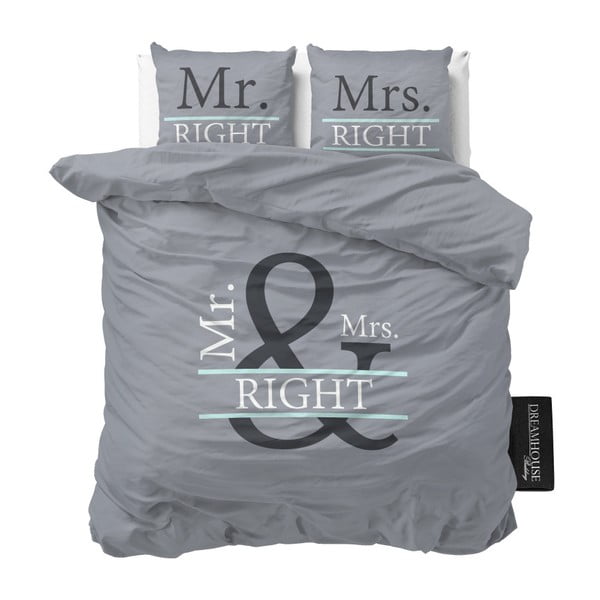 Sivé obliečky z mikroperkálu Sleeptime Mr and Mrs Right, 200 x 220 cm