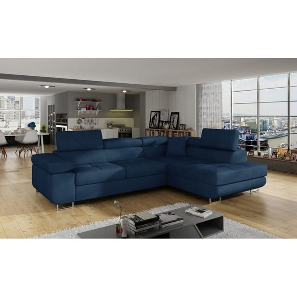 Modrá zamatová rozkladacia/s úložným priestorom rohová pohovka (pravý roh/do L) Anton – ELTAP-image-3