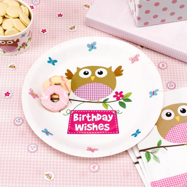 Sada 8 papierových tanierov Neviti Little Owls Pink