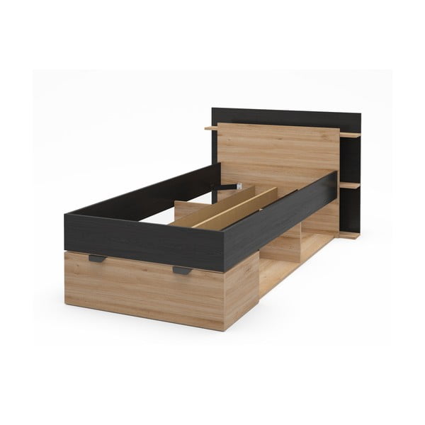 Jednolôžková posteľ v dekore duba s úložným priestorom bez roštu v čierno-prírodnej farbe 90x200 cm Albo – Marckeric-image-2