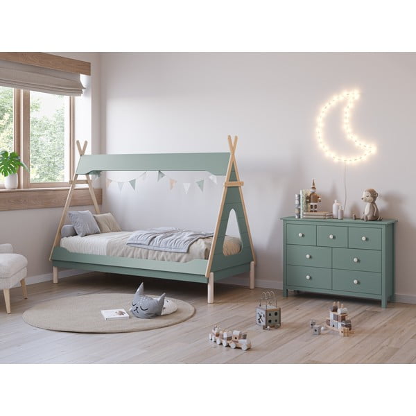 Domčeková detská posteľ z borovicového dreva v petrolejovej farbe 90x190 cm Nora – Marckeric-image-1