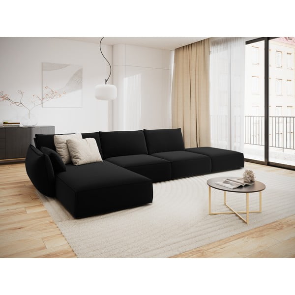 Čierna zamatová rohová pohovka (ľavý roh/s leňoškou) Vanda – Mazzini Sofas-image-1