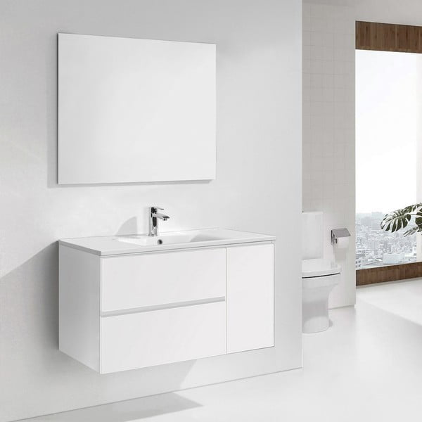 Kúpeľňová skrinka s umývadlom a zrkadlom Happy, odtieň bielej, 100 cm