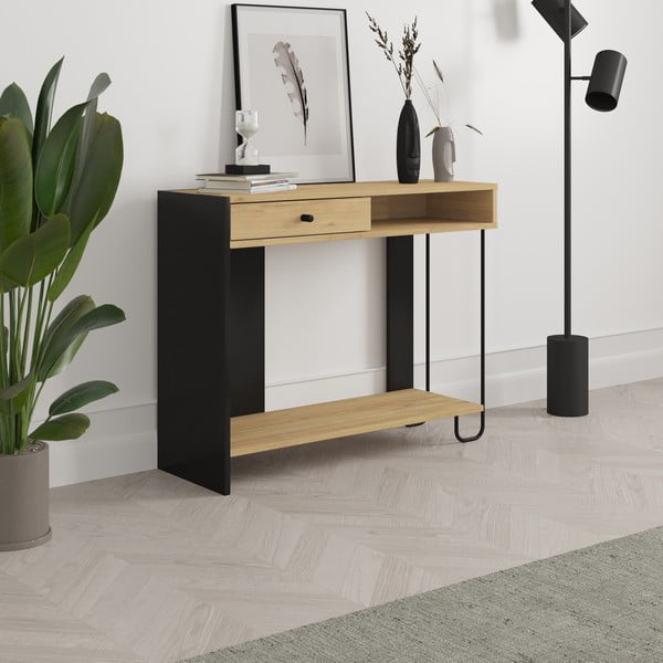 Konzolový stolík s doskou v dubovom dekore v čierno-prírodnej farbe 35x100 cm Saturne – Marckeric-image-4