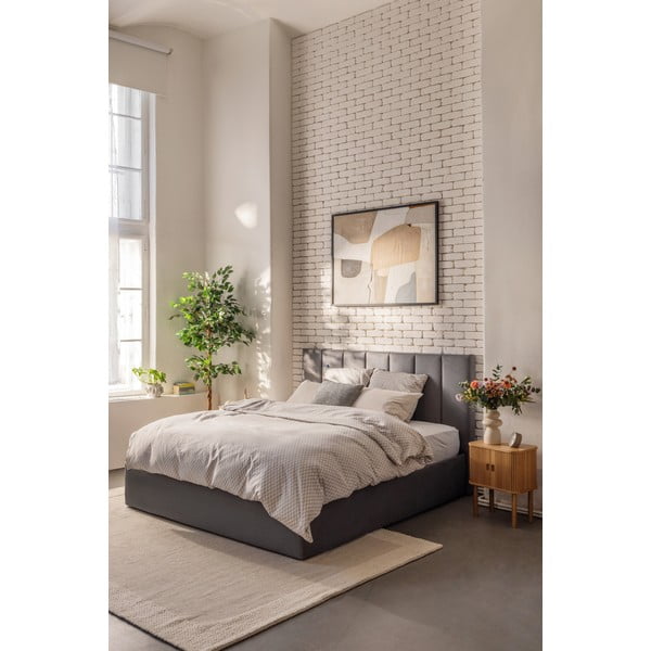 Sivá čalúnená dvojlôžková posteľ s úložným priestorom s matracom/s roštom 160x200 cm Thessa Bold Line – Bonami Selection-image-1