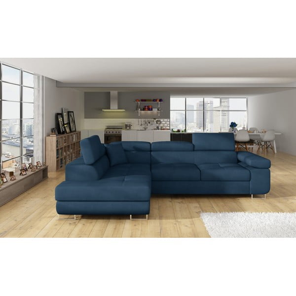 Modrá zamatová rozkladacia/s úložným priestorom rohová pohovka (ľavý roh/do L) Anton – ELTAP-image-1