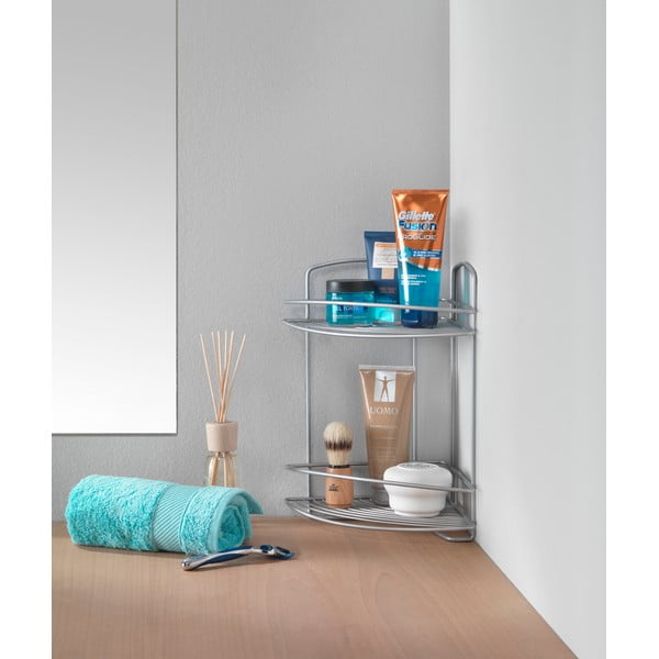 Rohová nástenná oceľová kúpeľňová polička v striebornej farbe - Metaltex-image-2