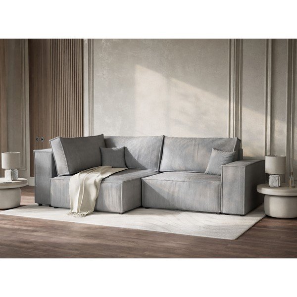 Sivá menčestrová rozkladacia/s úložným priestorom rohová pohovka (ľavý roh/do L) Tonga – Maison de Rêve-image-4