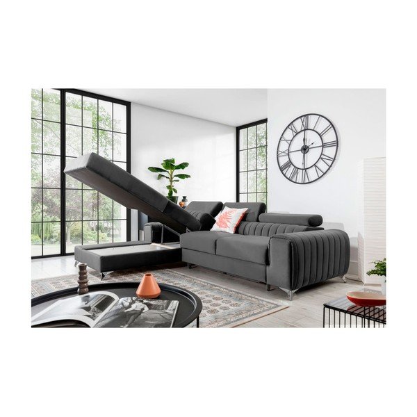 Tmavosivá zamatová rozkladacia/s úložným priestorom rohová pohovka (ľavý roh/s leňoškou) Grayson – ELTAP-image-3