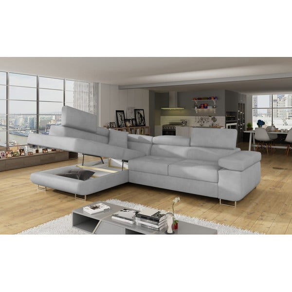 Svetlosivá zamatová rozkladacia/s úložným priestorom rohová pohovka (ľavý roh/do L) Anton – ELTAP-image-4