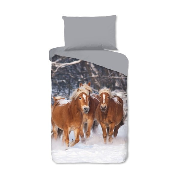 Sivé flanelové detské obliečky na jednolôžko 140x200 cm Happy Horses – Good Morning