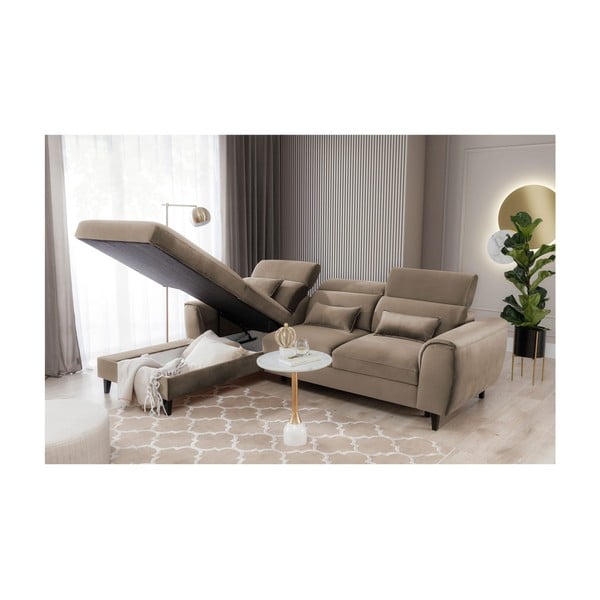 Svetlohnedá zamatová rozkladacia/s úložným priestorom rohová pohovka (ľavý roh/s leňoškou) Foble – ELTAP-image-4