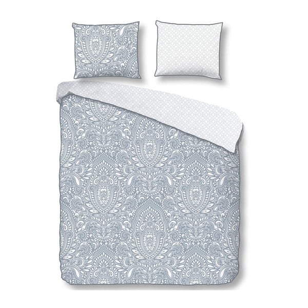 Modro-biele posteľné obliečky z bavlneného saténu Descanso Ornament, 140 x 220 cm