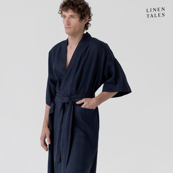 Tmavomodrý ľanový župan veľkosť S/M Summer - Linen Tales-image-3