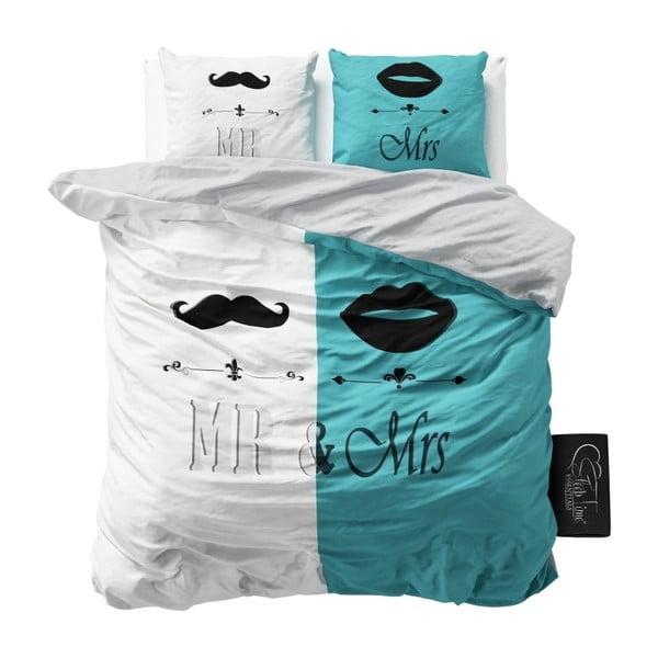 Tyrkysové obliečky z mikroperkálu Sleeptime Mr and Mrs, 160 x 200 cm