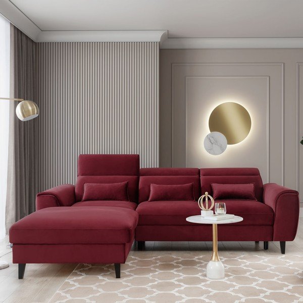 Červená zamatová rozkladacia/s úložným priestorom rohová pohovka (ľavý roh/s leňoškou) Foble – ELTAP-image-1