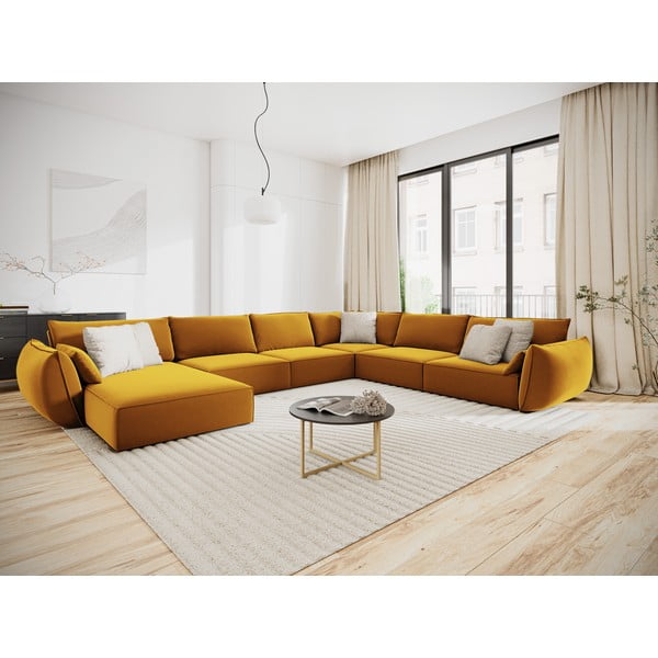 Zamatová rohová pohovka v horčicovej farbe (pravý roh/do "U") Vanda – Mazzini Sofas-image-1