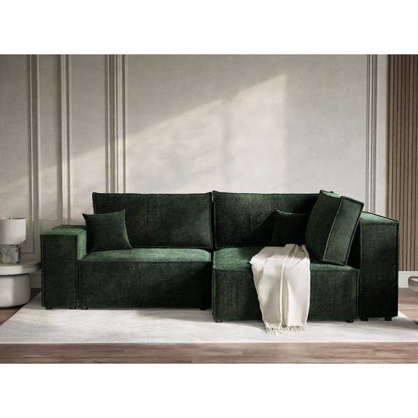 Tmavozelená ženilková rozkladacia/s úložným priestorom rohová pohovka (pravý roh/do L) Tonga – Maison de Rêve-image-4