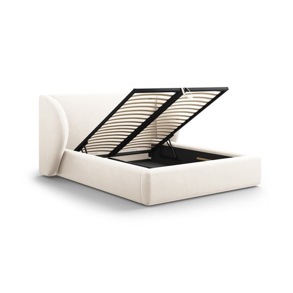 Béžová čalúnená dvojlôžková posteľ s úložným priestorom s roštom 160x200 cm Miley – Micadoni Home-image-3