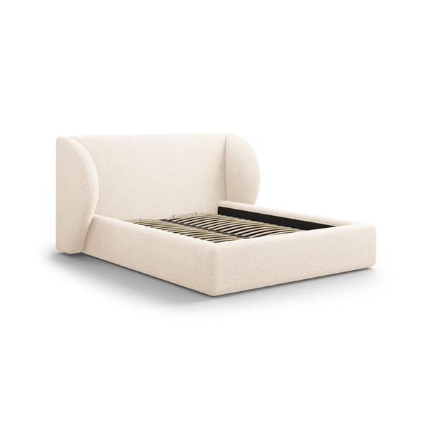 Krémová čalúnená dvojlôžková posteľ s úložným priestorom s roštom 160x200 cm Miley – Micadoni