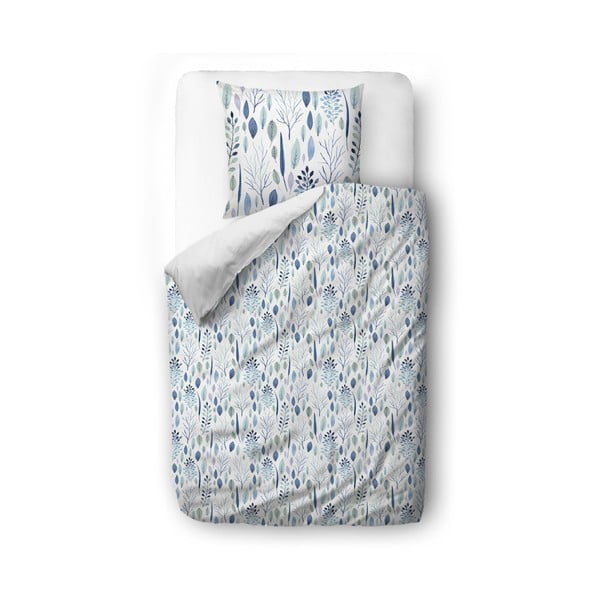 Biele/modré obliečky na jednolôžko z bavlneného saténu 135x200 cm Blue Winter Floral - Butter Kings