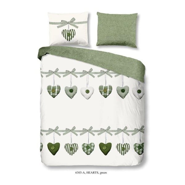 Zeleno-biele obliečky na dvojlôžko z bavlny Good Morning Hearts, 200 × 240 cm