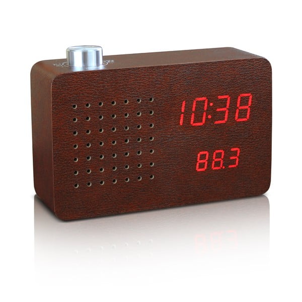 Tmavohnedý budík s červeným LED displejom a rádiom Gingko Radio Click Clock