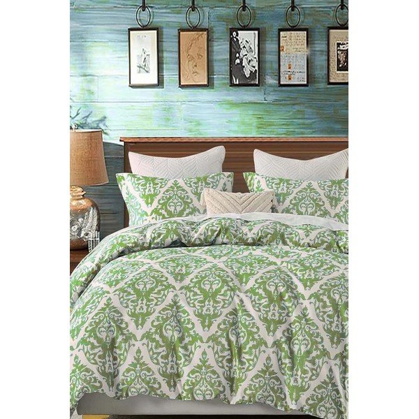 Zeleno-sivé 4-dielne predĺžené obliečky na dvojlôžko s plachtou z bavlny Renforcé 200x220 cm Damašok – Mila Home