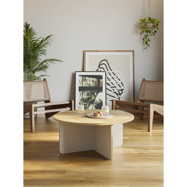 Krémovobiely/v prírodnej farbe okrúhly konferenčný stolík s doskou v dubovom dekore ø 80 cm Hillary – Marckeric-image-1