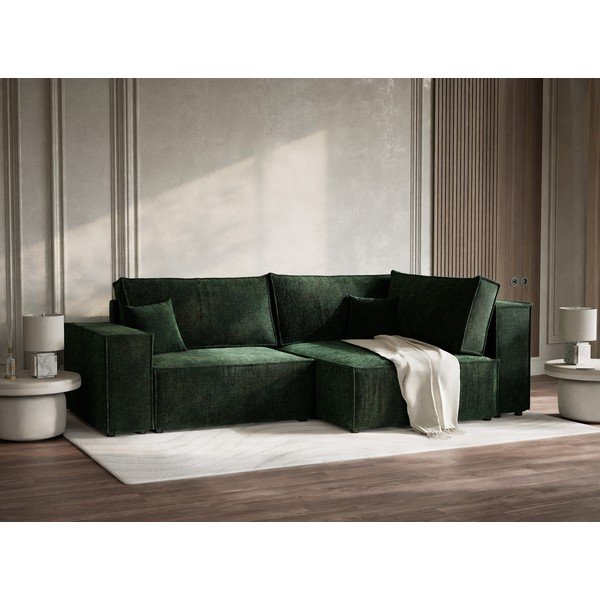 Tmavozelená ženilková rozkladacia/s úložným priestorom rohová pohovka (pravý roh/do L) Tonga – Maison de Rêve-image-1