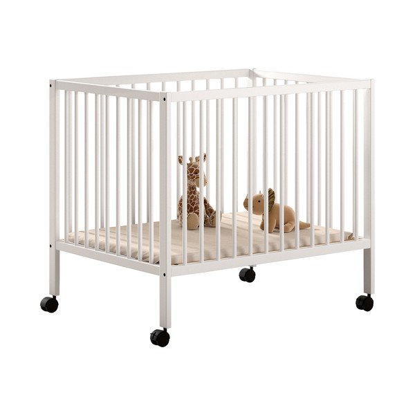 Biela detská ohrádka z bukového dreva s nastaviteľnou výškou/na kolieskach 95x75 cm Dino – Vipack