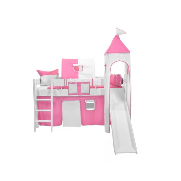 Detská biela poschodová posteľ so šmýkačkou a ružovo-bielym hradným bavlneným setom Mobi furniture Luk, 200 x 90 cm